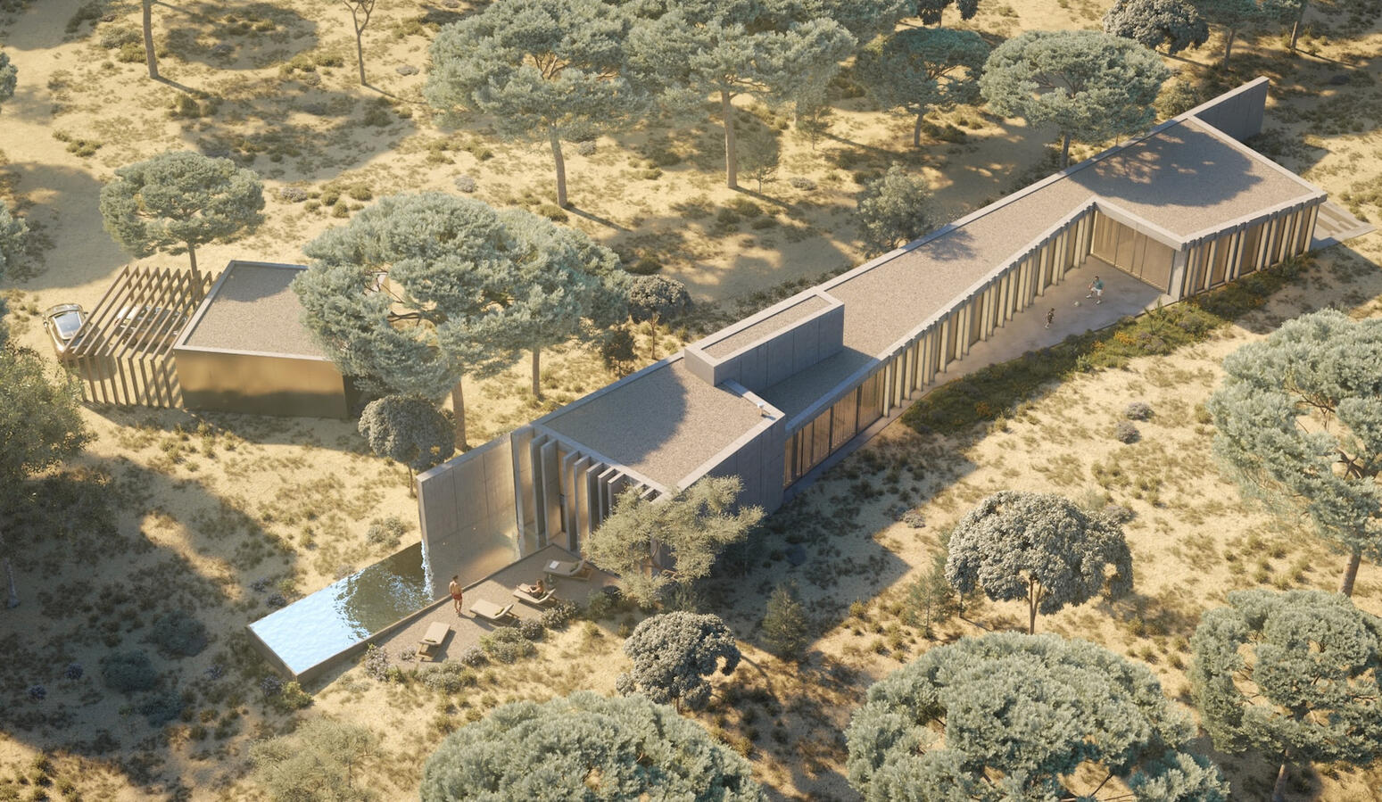 Aerial view of the proposed residence within the surrounding Muda landscape