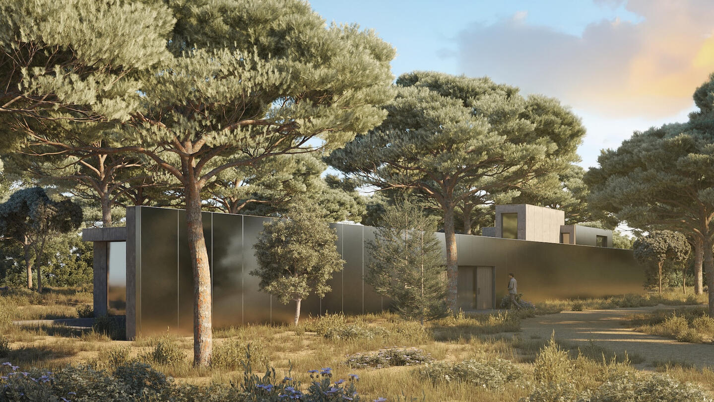 Contemporary residence and garage viewed from the entrance of the property